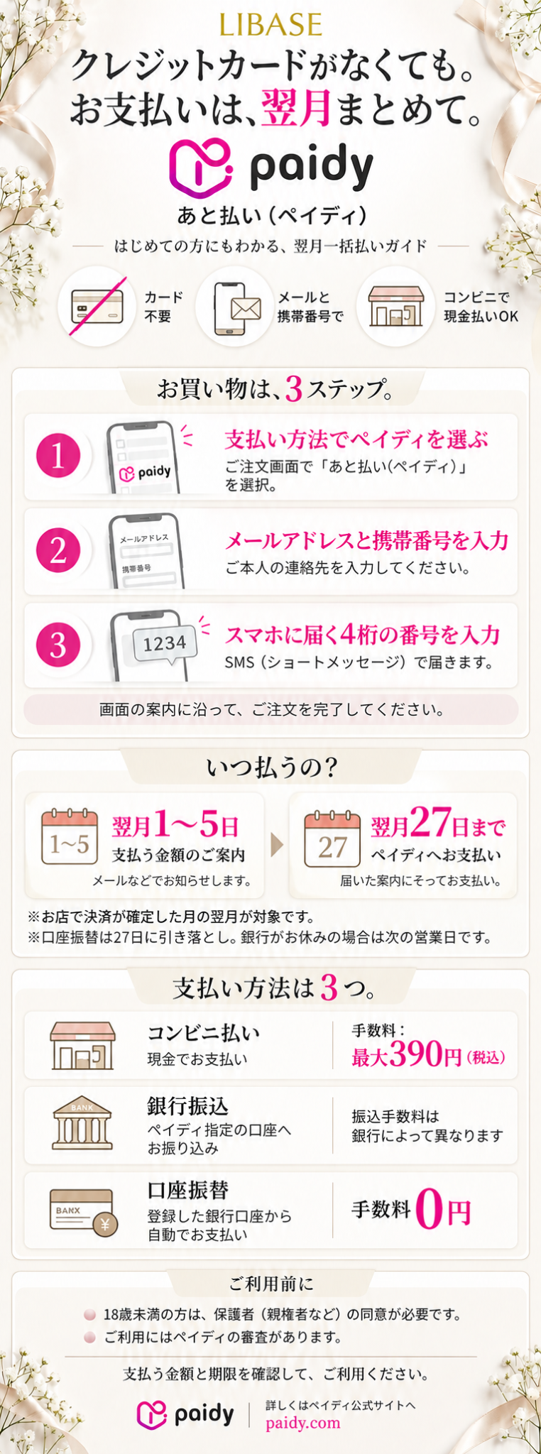 ペイディの翌月一括払いガイド。クレジットカード不要。メールアドレスと携帯番号を入力し、SMSの4桁の番号で認証。決済確定月の翌月1〜5日に請求の案内、翌月27日までにお支払い。コンビニ払いは手数料最大390円(税込)、銀行振込は銀行所定の手数料、口座振替は手数料無料。口座振替日は27日、金融機関休業日は翌営業日。18歳未満は保護者の同意が必要です。ご利用には審査があります。