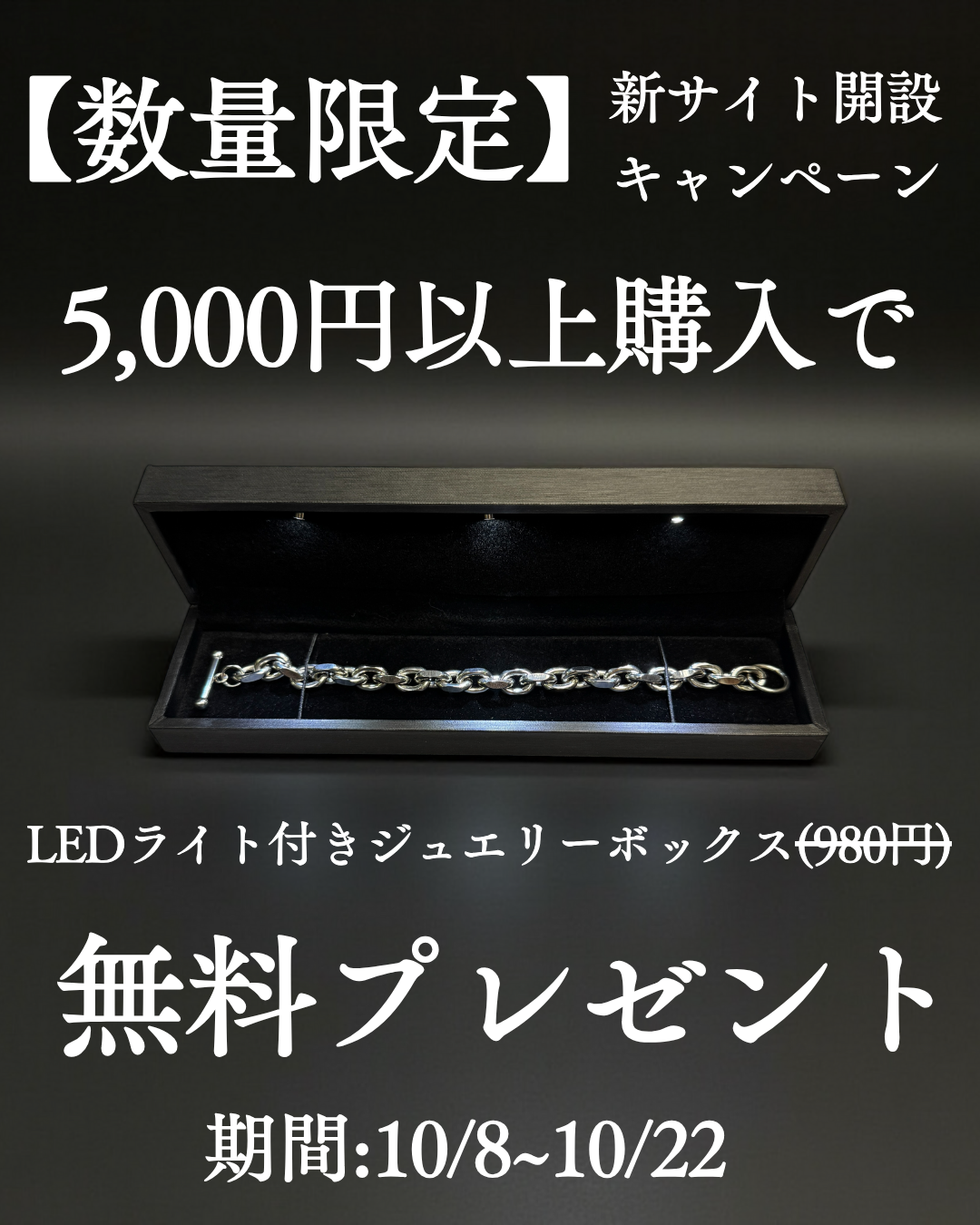 【新サイト開設キャンペーン】¥5,000以上のご購入でLEDライト付きジュエリーボックスをプレゼント